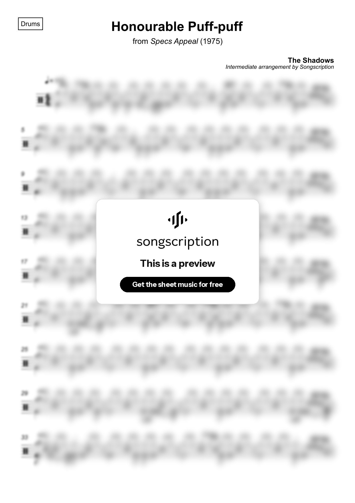 Intermediate Drums Sheet Music for "Honourable Puff-puff" by The Shadows