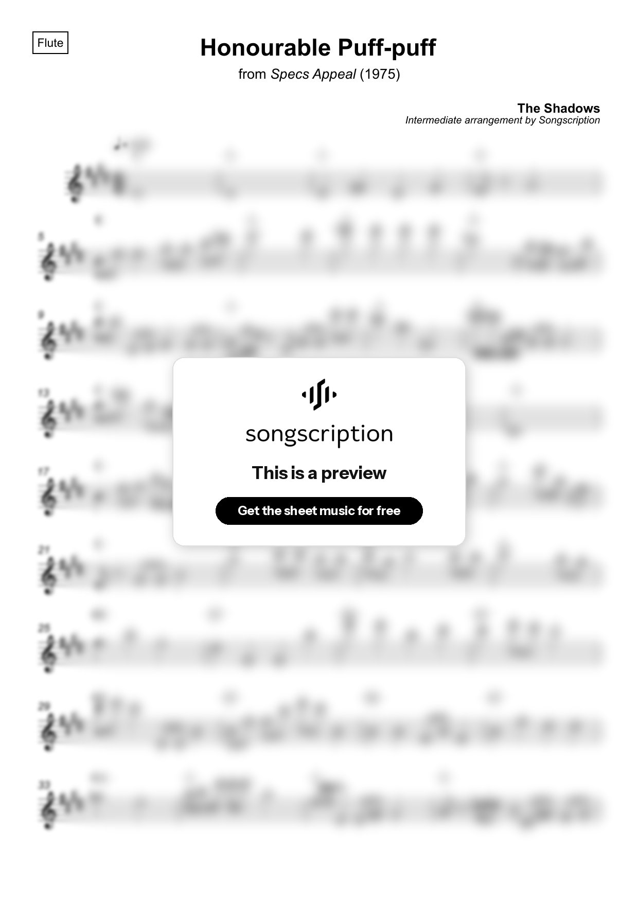 Intermediate Flute Sheet Music for "Honourable Puff-puff" by The Shadows