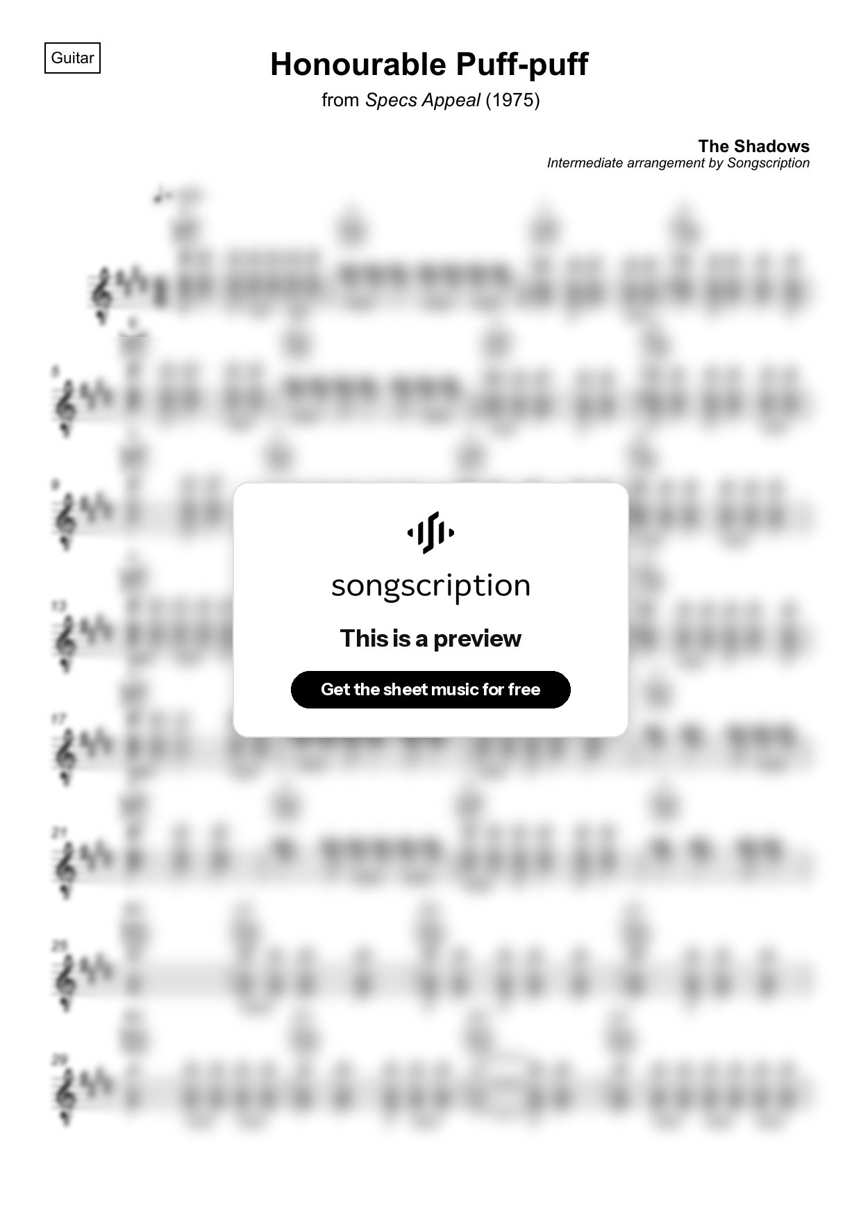 Intermediate Acoustic Guitar Sheet Music for "Honourable Puff-puff" by The Shadows
