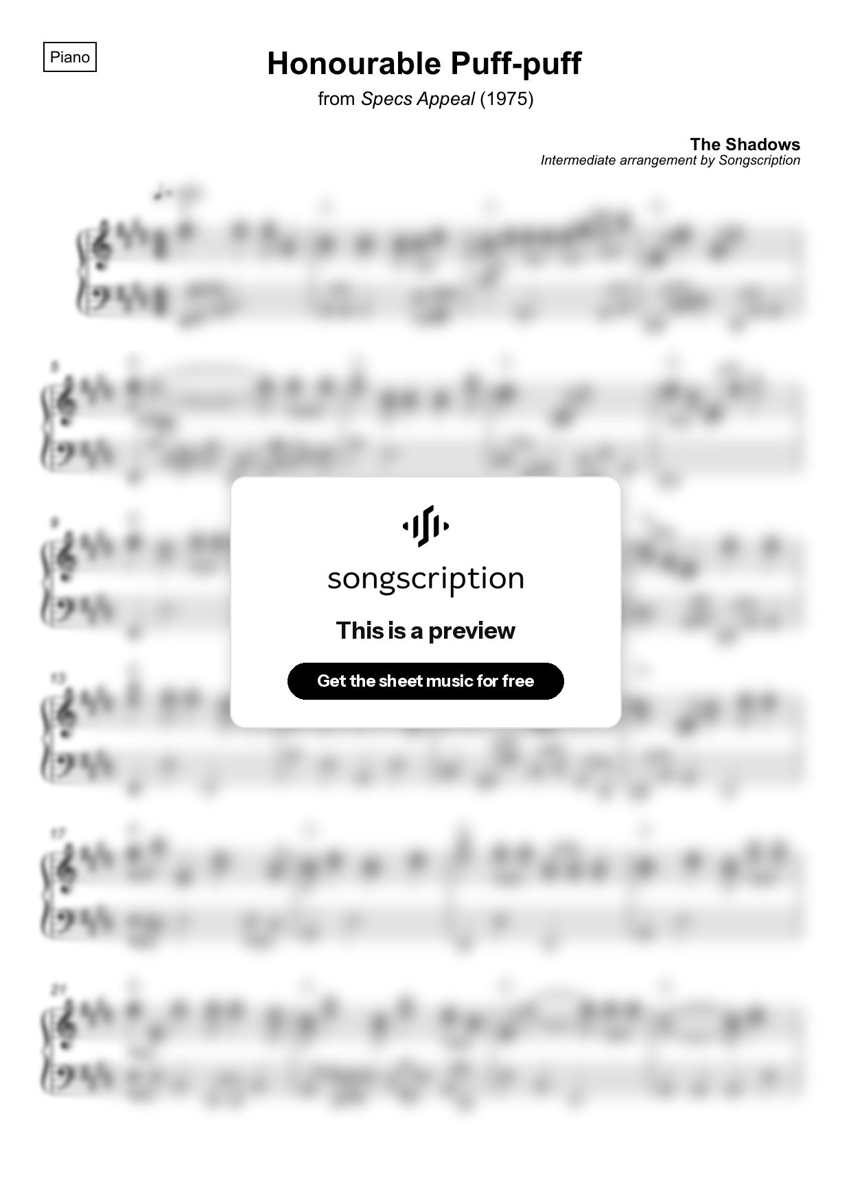 Intermediate Piano Sheet Music for "Honourable Puff-puff" by The Shadows