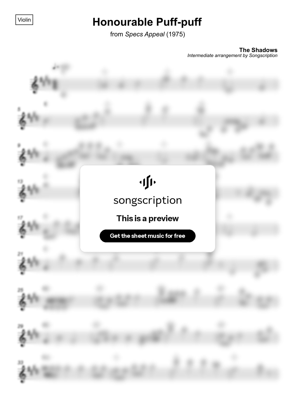 Intermediate Violin Sheet Music for "Honourable Puff-puff" by The Shadows
