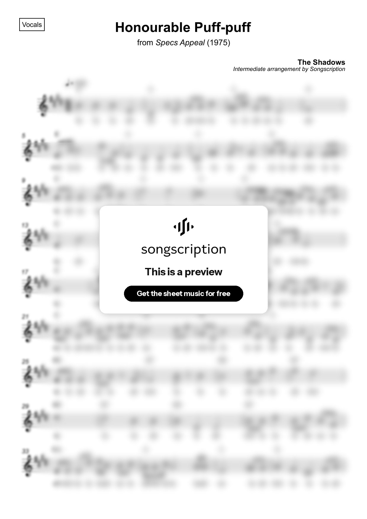 Intermediate Vocals Sheet Music for "Honourable Puff-puff" by The Shadows