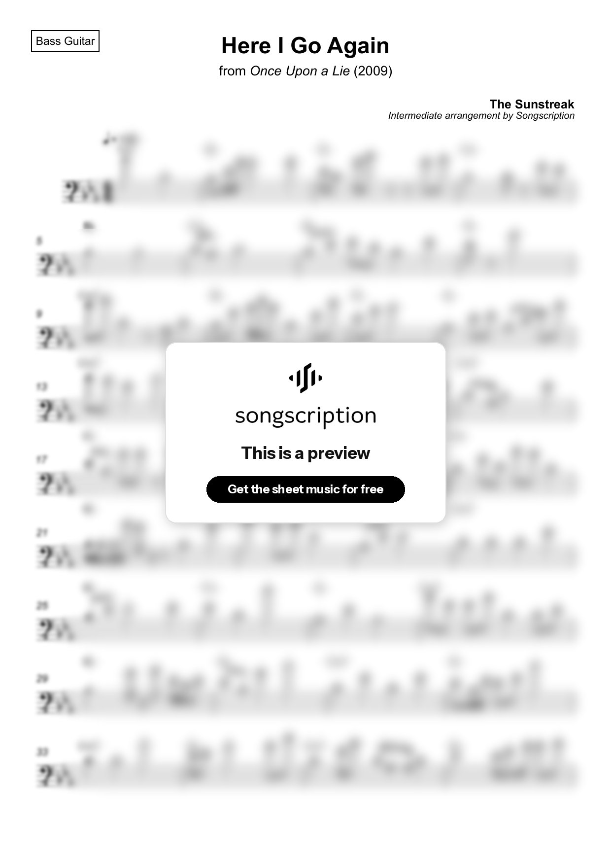 Intermediate Bass Guitar Sheet Music for "Here I Go Again" by The Sunstreak