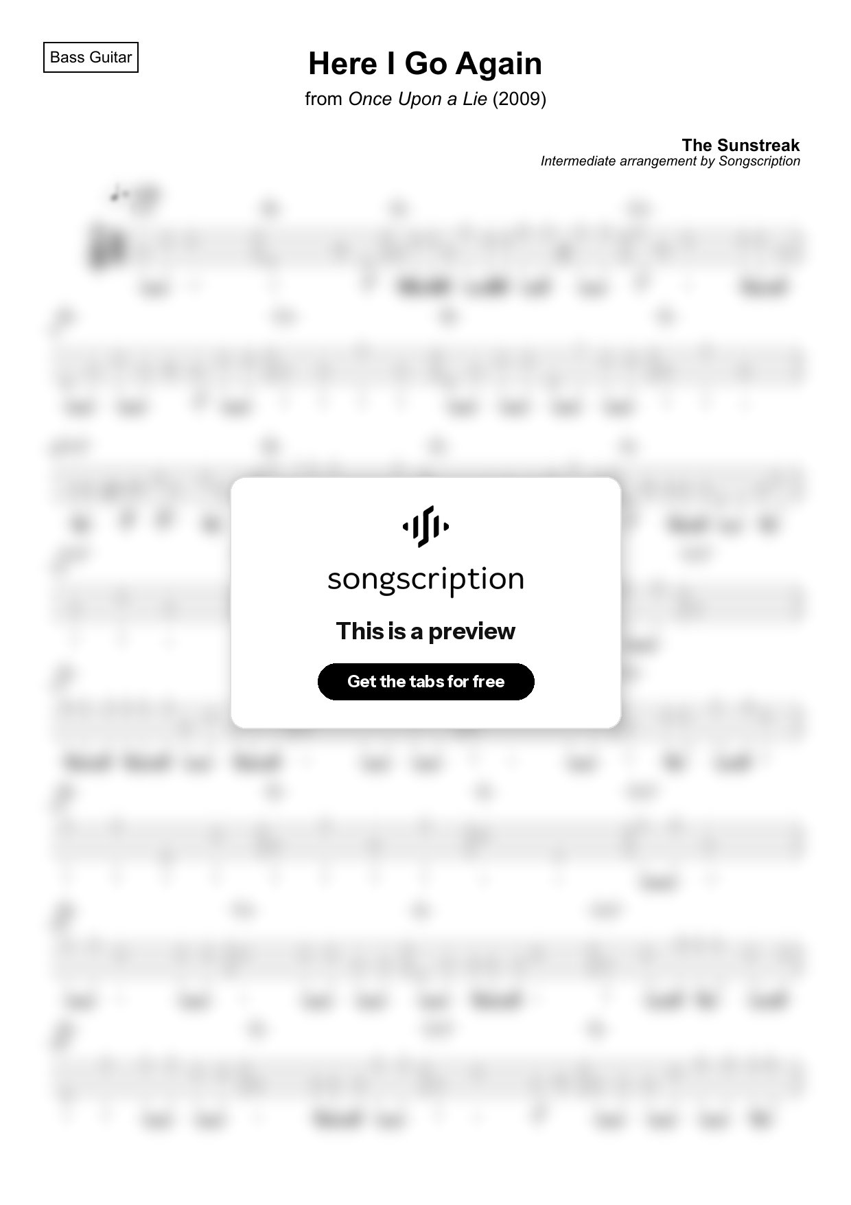 Intermediate Bass Guitar Tabs for "Here I Go Again" by The Sunstreak