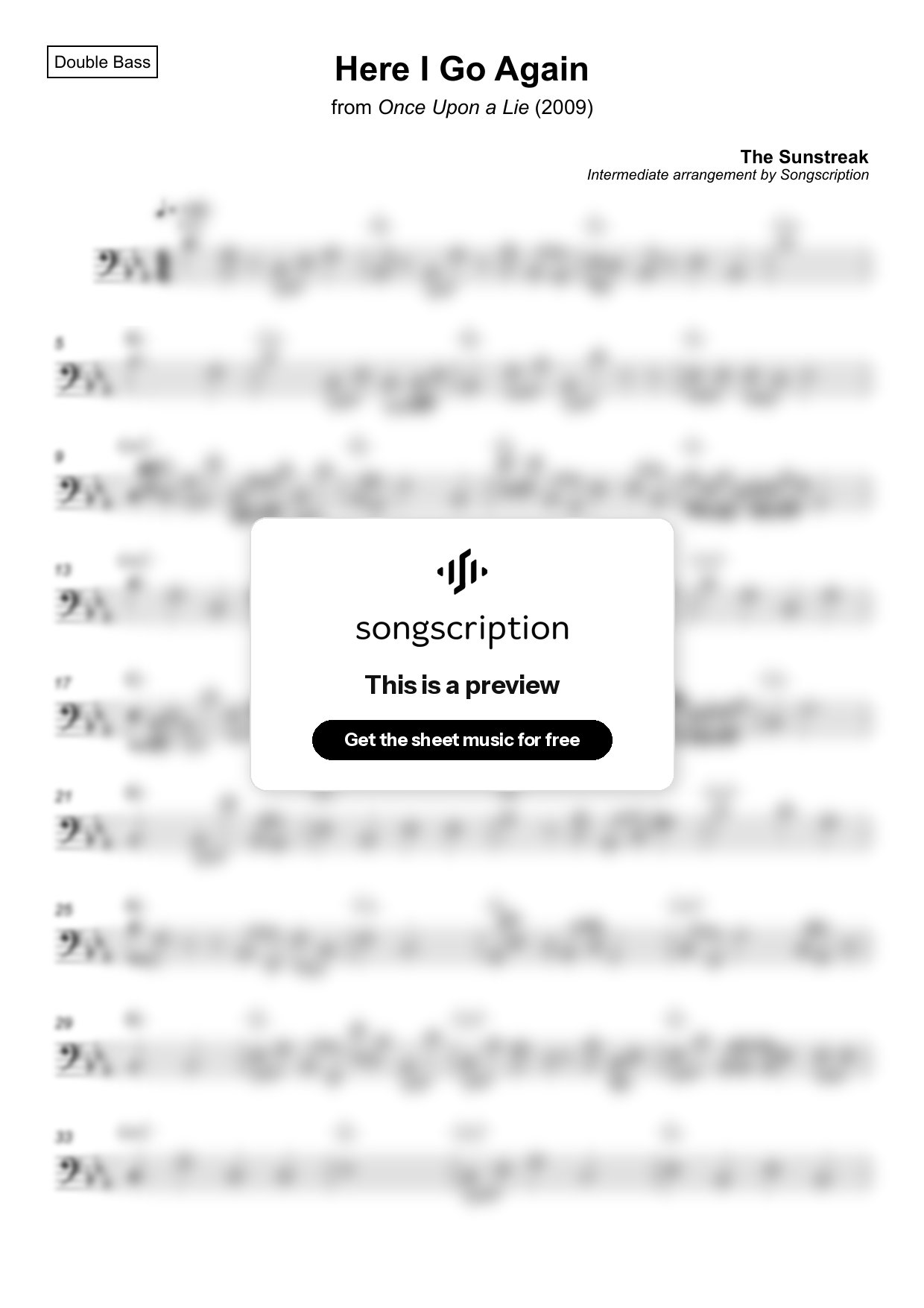Intermediate Double Bass Sheet Music for "Here I Go Again" by The Sunstreak