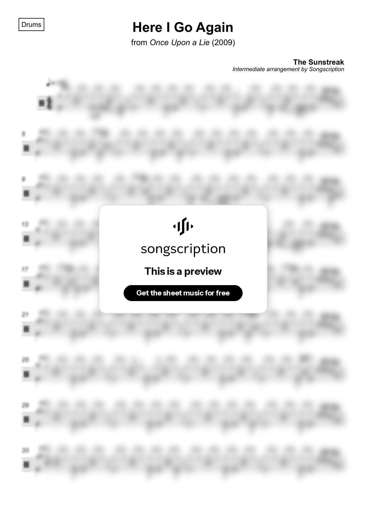 Intermediate Drums Sheet Music for "Here I Go Again" by The Sunstreak