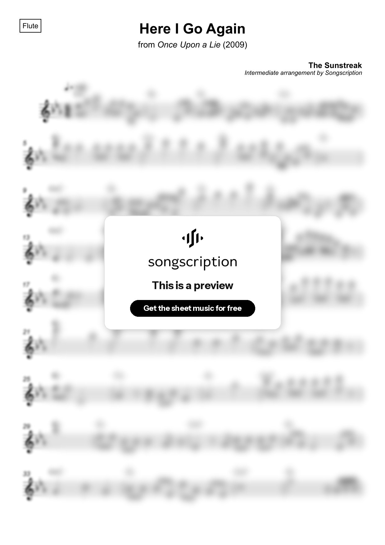Intermediate Flute Sheet Music for "Here I Go Again" by The Sunstreak