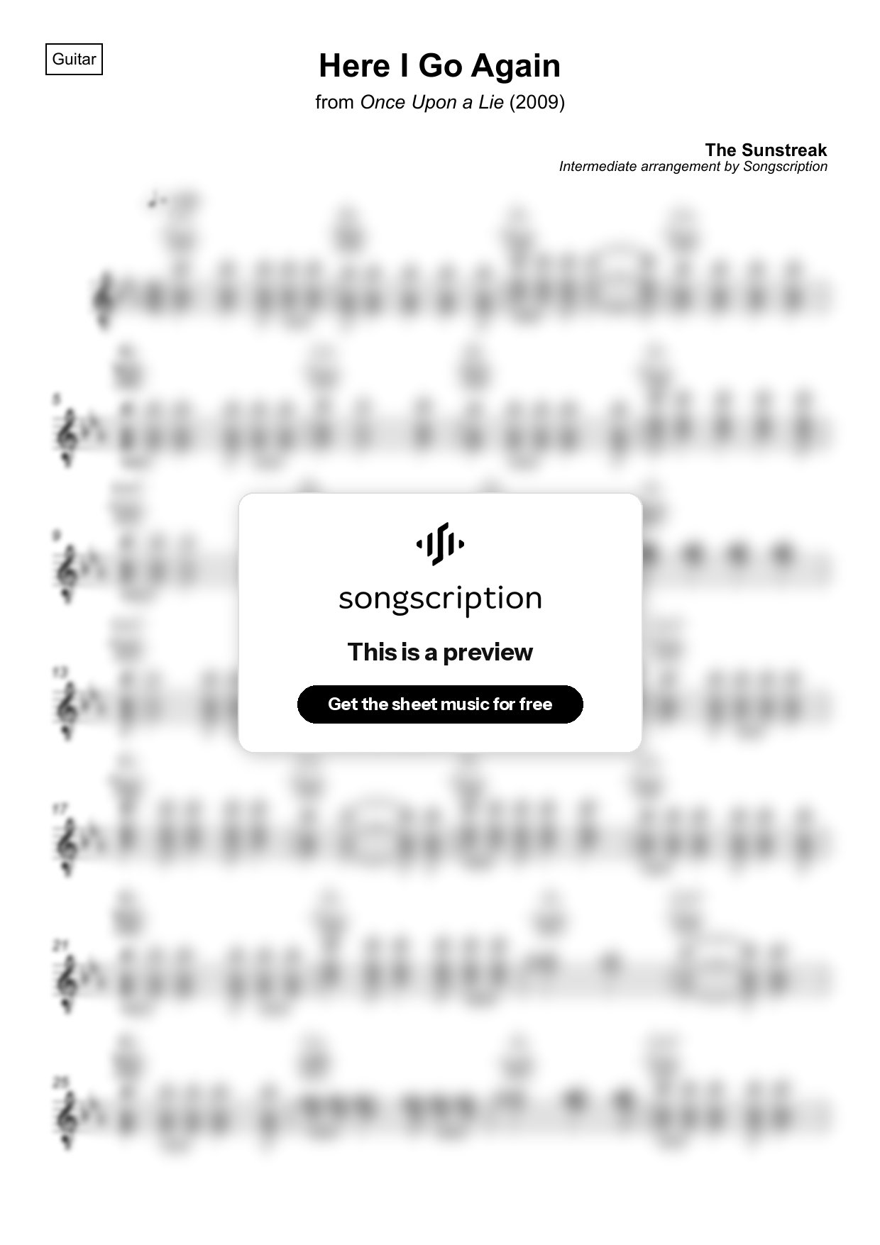 Intermediate Acoustic Guitar Sheet Music for "Here I Go Again" by The Sunstreak