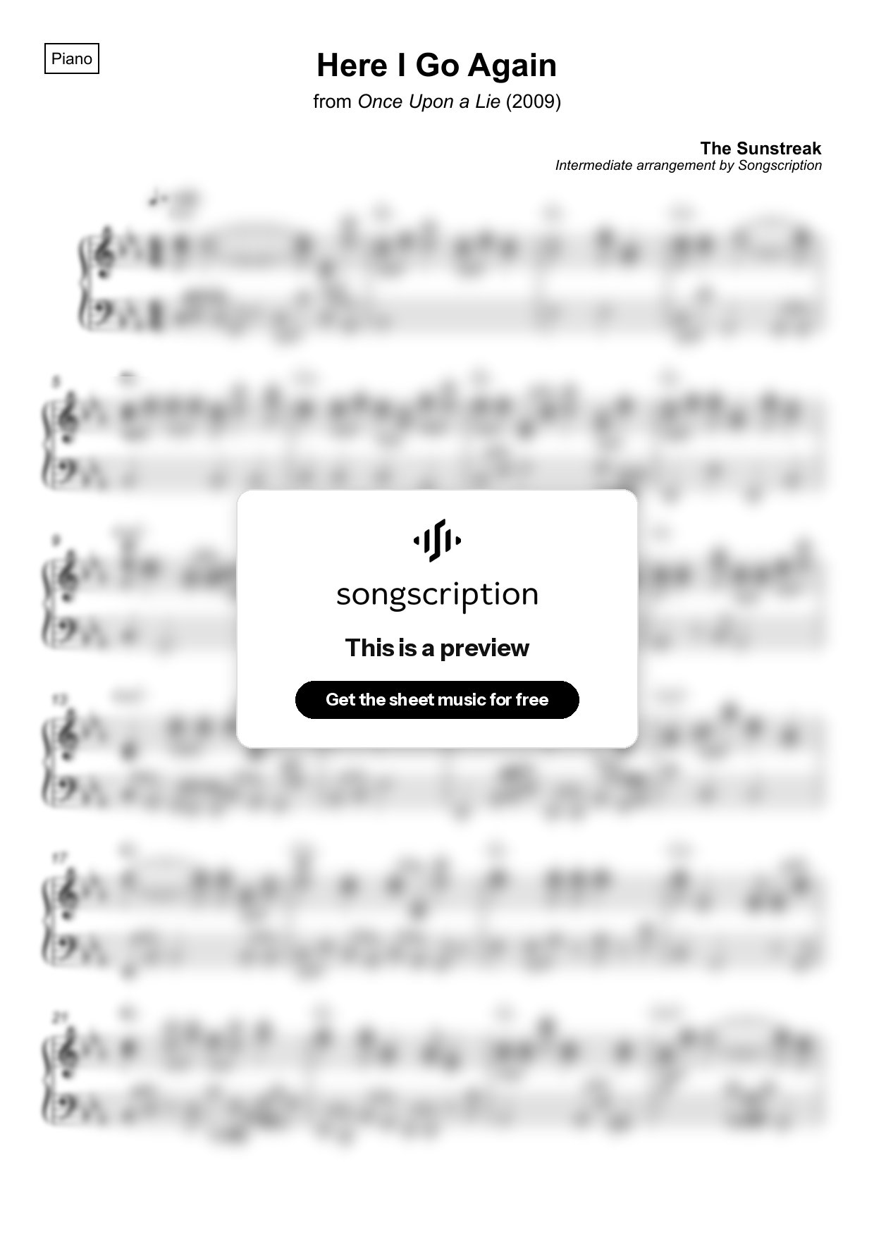 Intermediate Piano Sheet Music for "Here I Go Again" by The Sunstreak