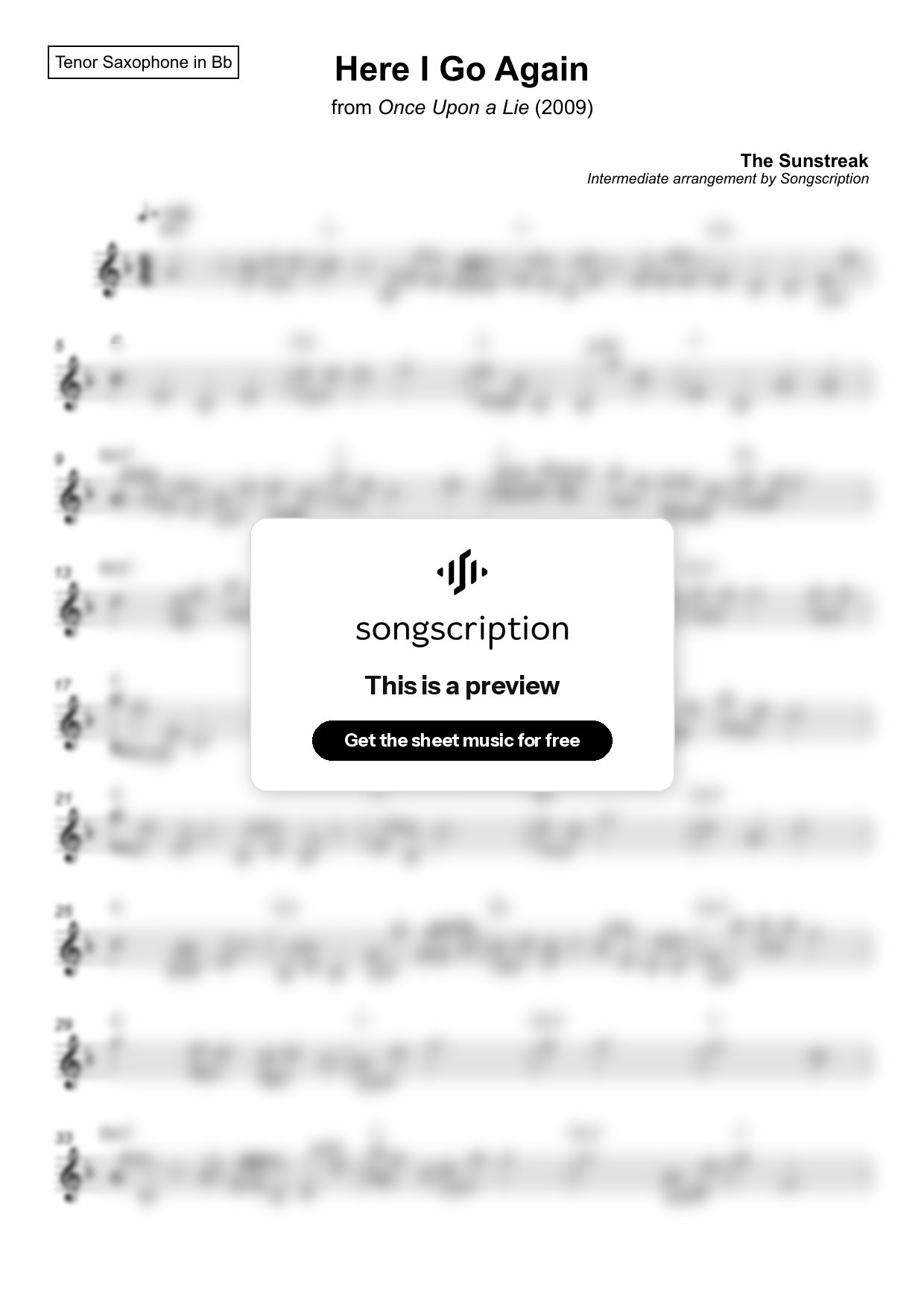 Intermediate Tenor Sax Sheet Music for "Here I Go Again" by The Sunstreak
