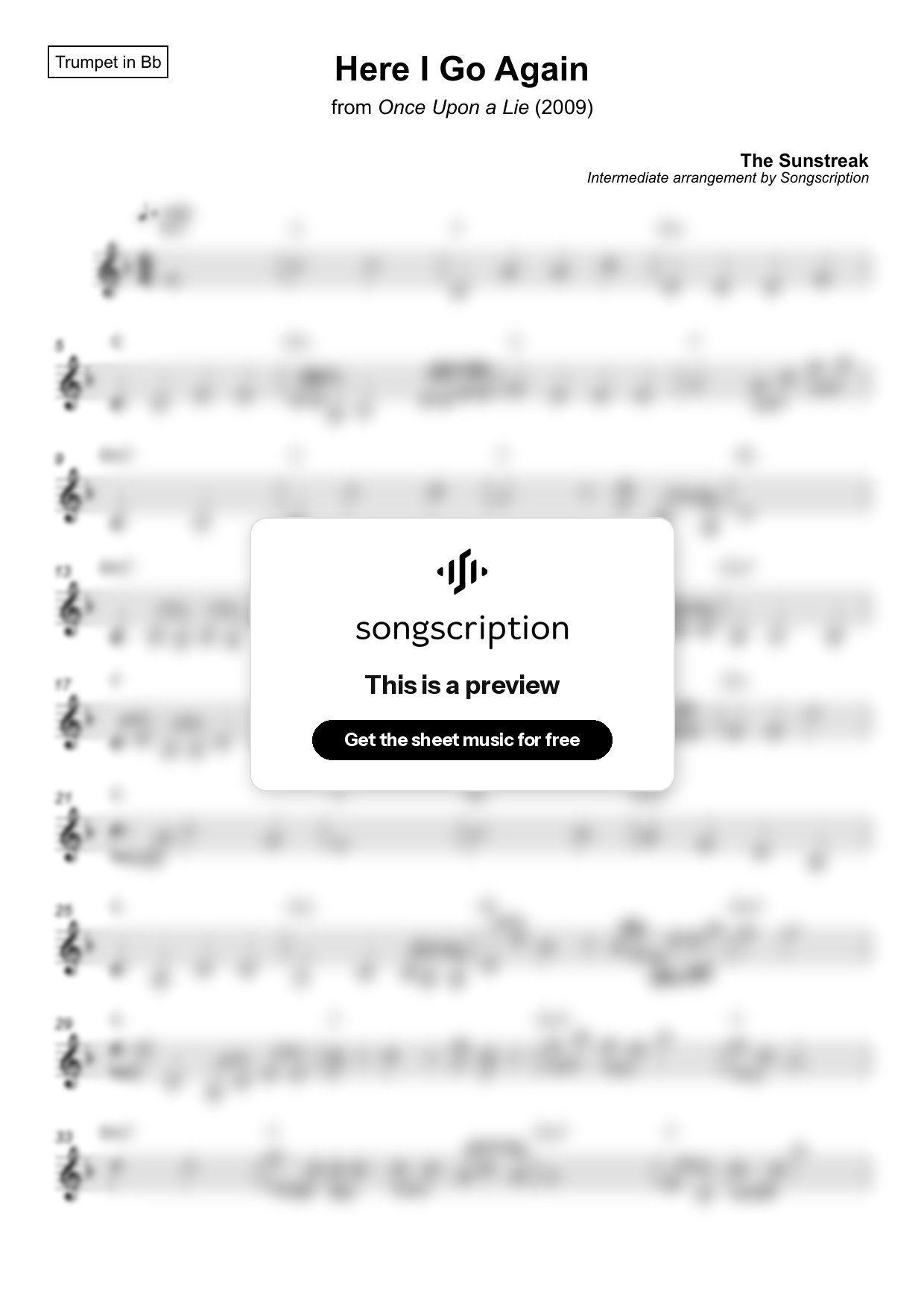 Intermediate Trumpet Sheet Music for "Here I Go Again" by The Sunstreak