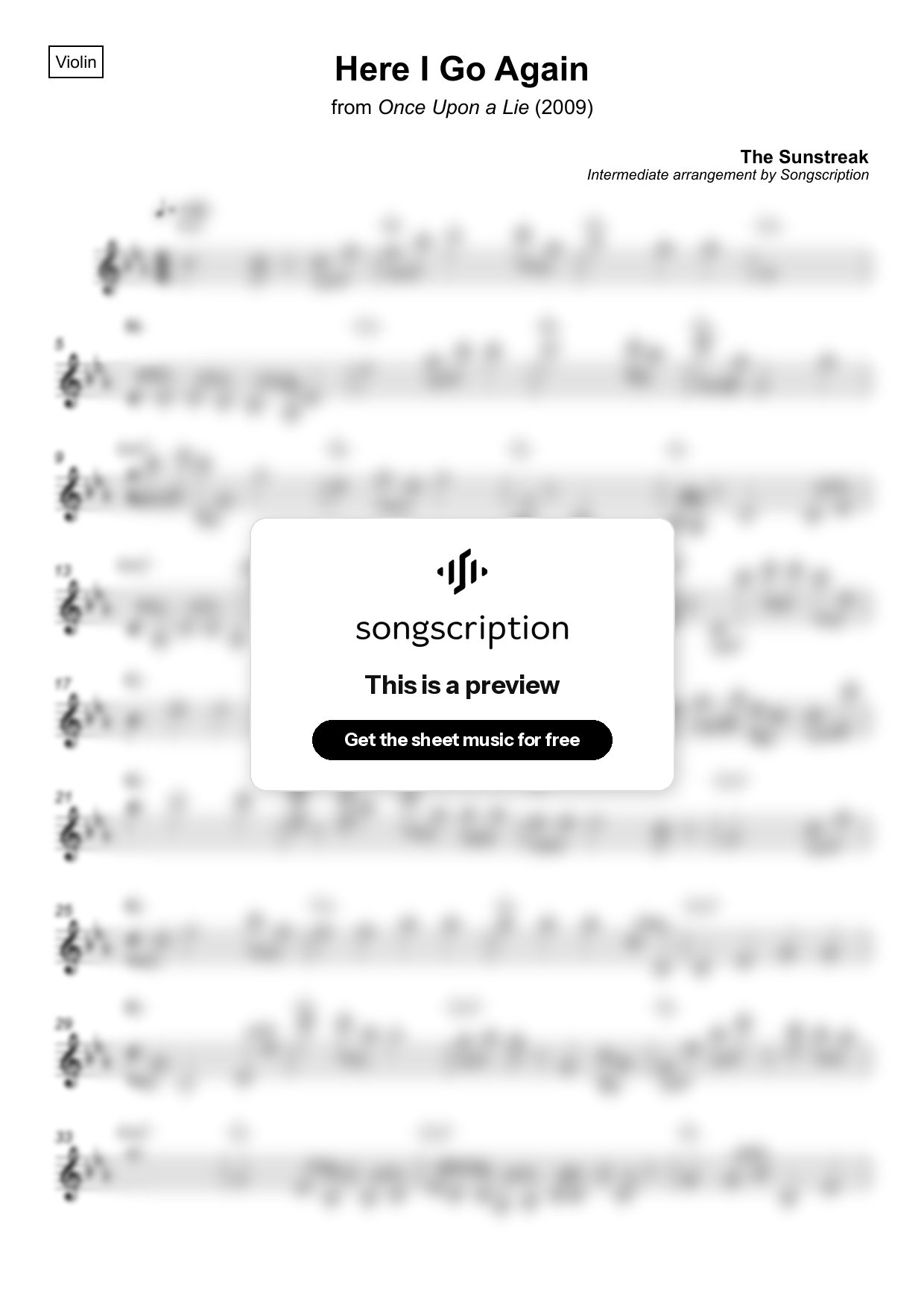 Intermediate Violin Sheet Music for "Here I Go Again" by The Sunstreak