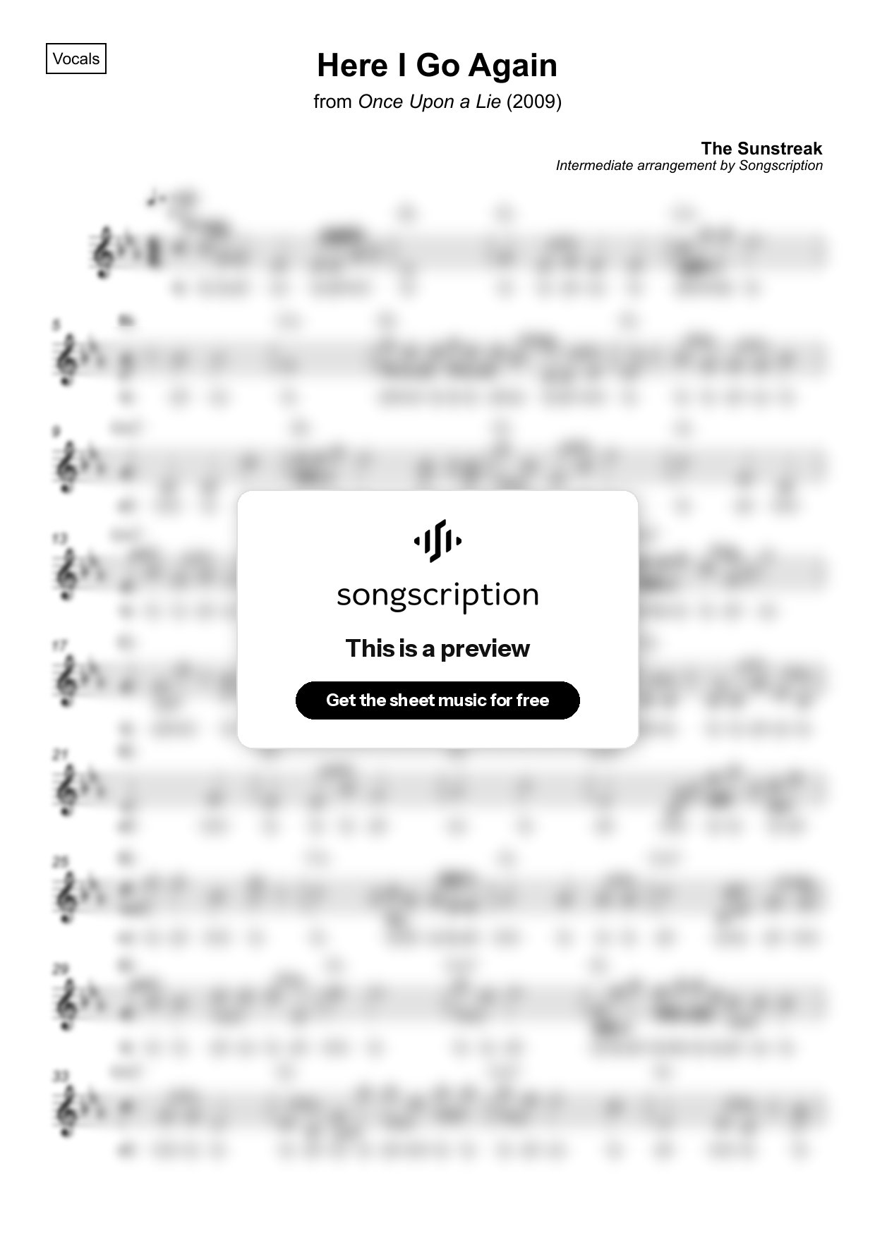 Intermediate Vocals Sheet Music for "Here I Go Again" by The Sunstreak