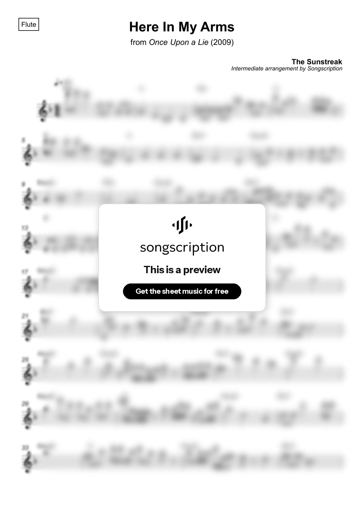 Intermediate Flute Sheet Music for "Here In My Arms" by The Sunstreak