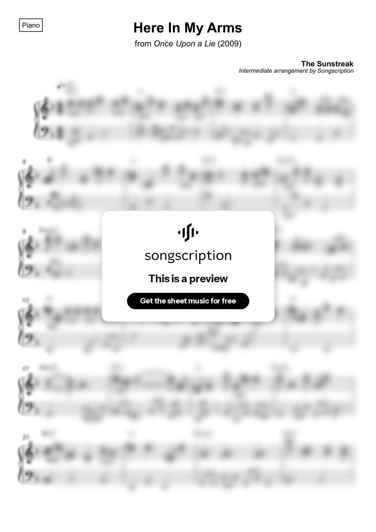 Intermediate Piano Sheet Music for "Here In My Arms" by The Sunstreak