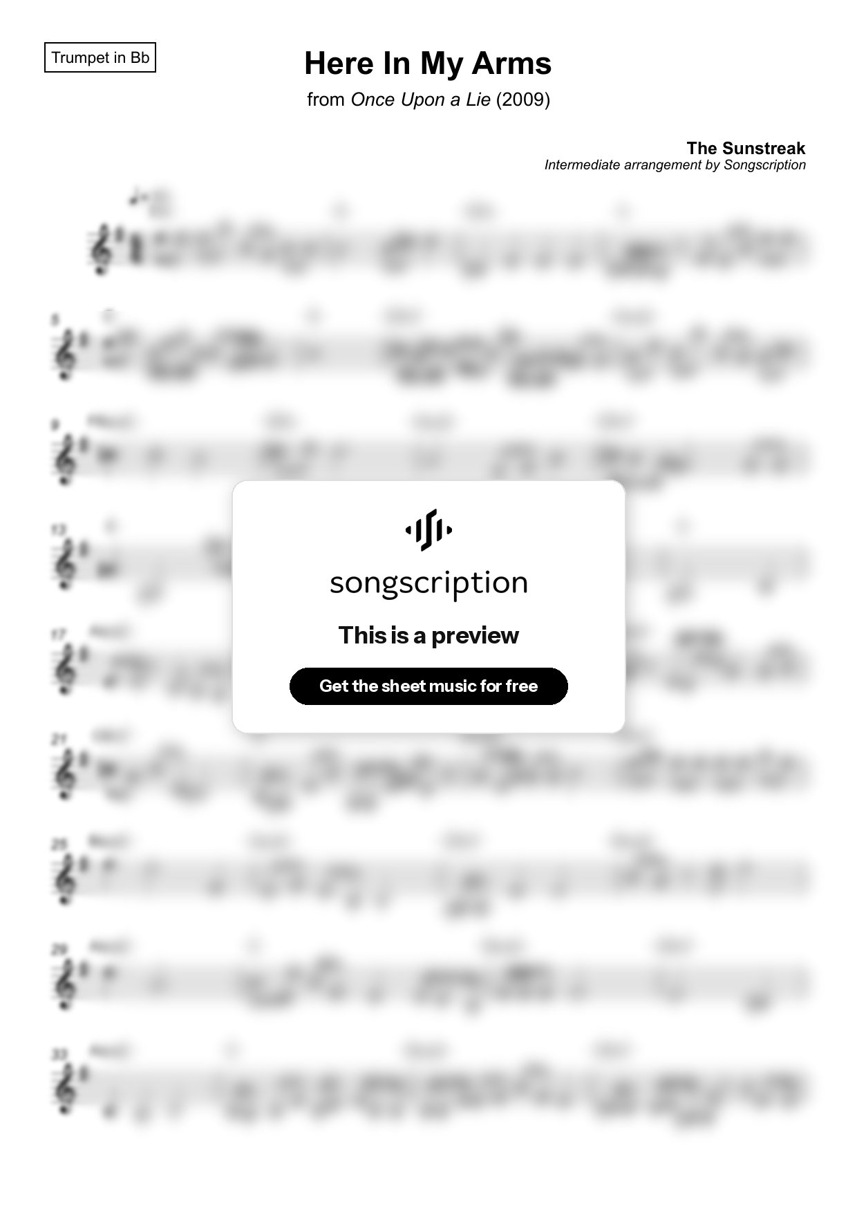 Intermediate Trumpet Sheet Music for "Here In My Arms" by The Sunstreak