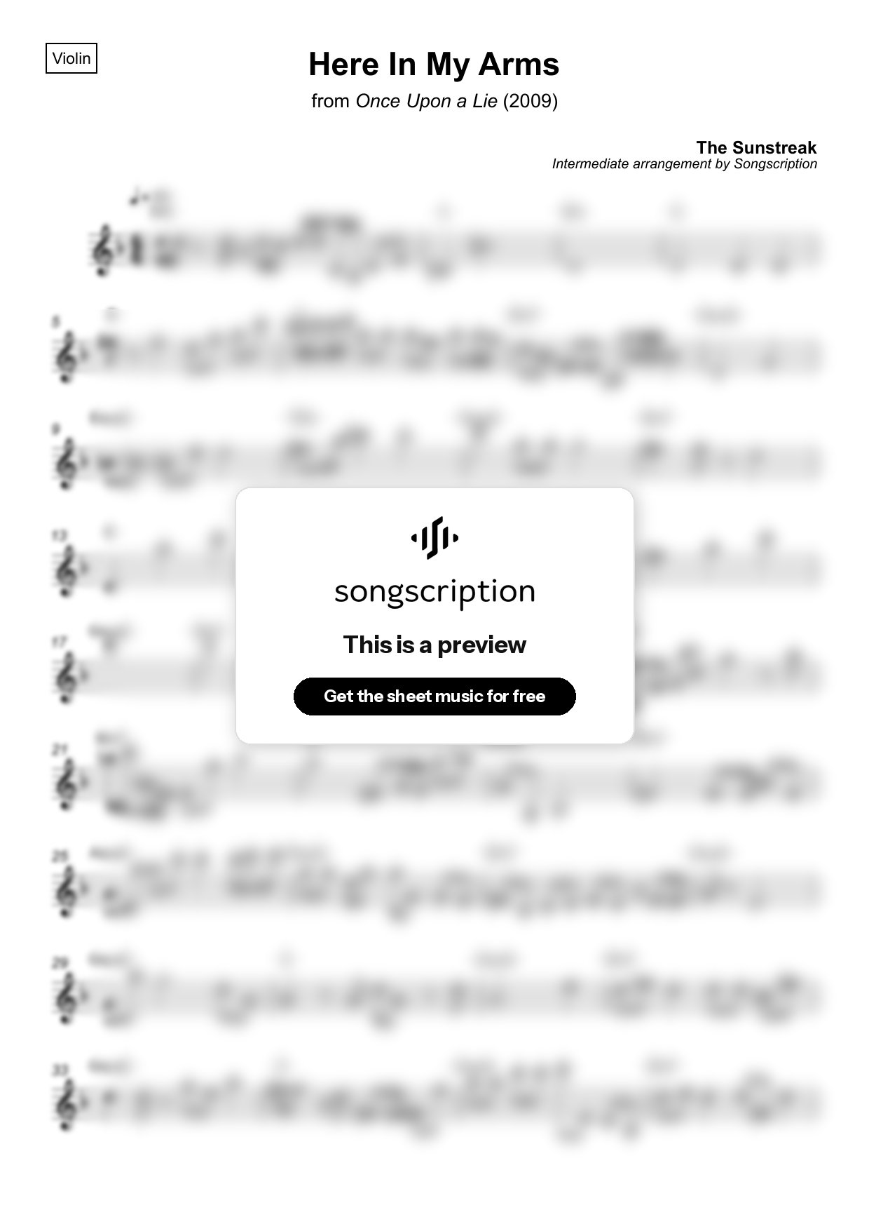 Intermediate Violin Sheet Music for "Here In My Arms" by The Sunstreak