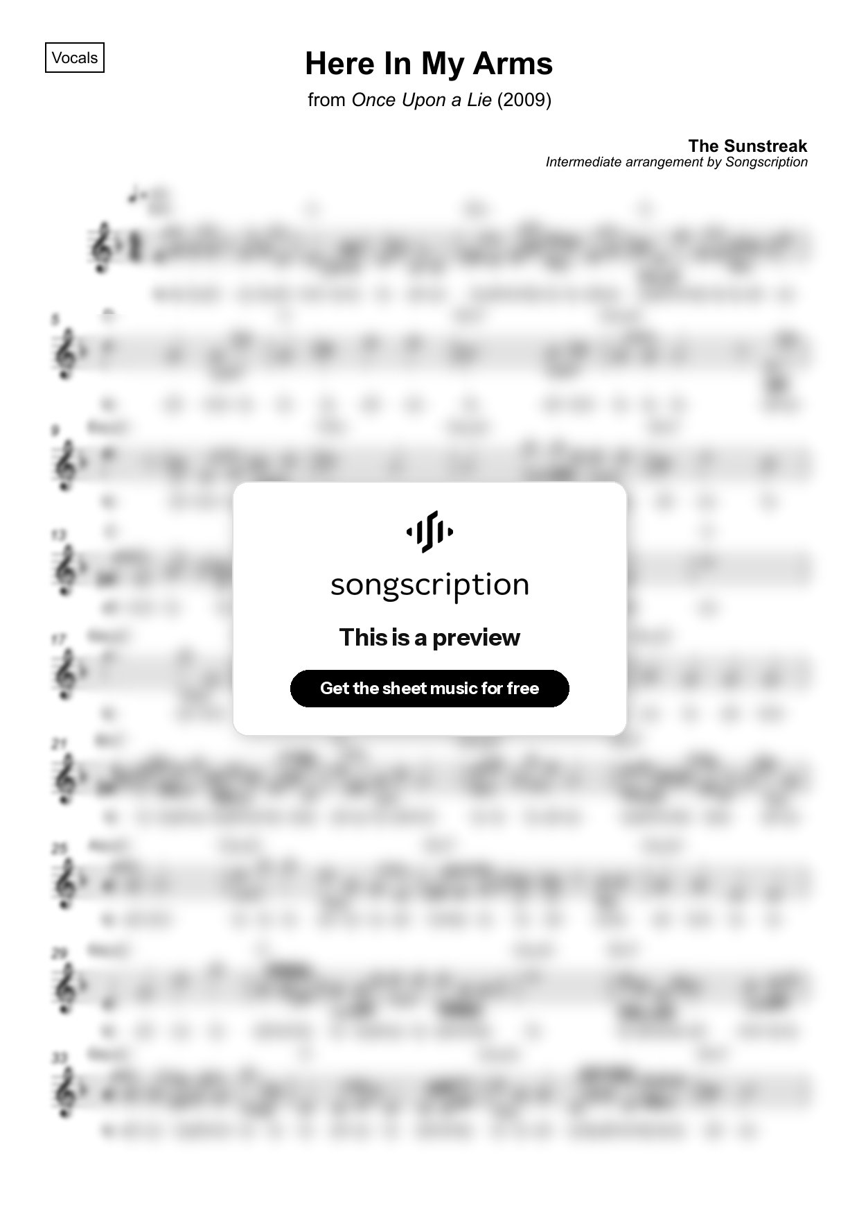 Intermediate Vocals Sheet Music for "Here In My Arms" by The Sunstreak