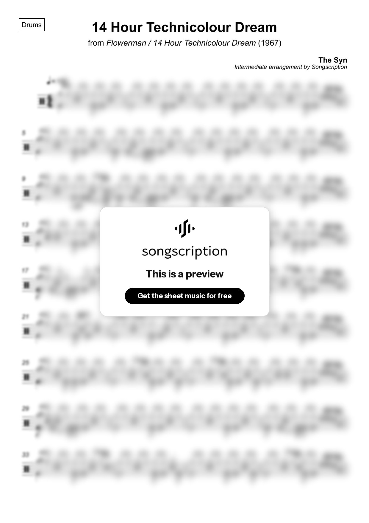 Intermediate Drums Sheet Music for "14 Hour Technicolour Dream" by The Syn