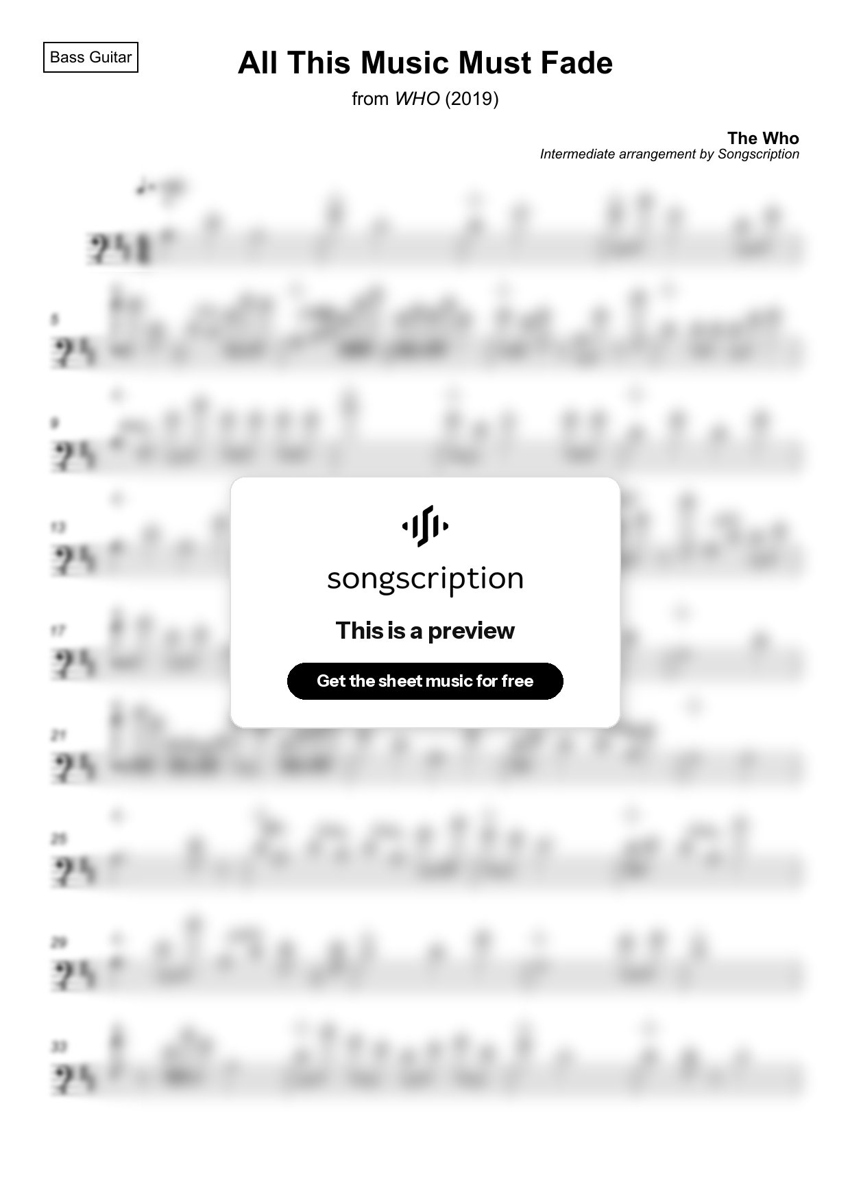 Intermediate Bass Guitar Sheet Music for "All This Music Must Fade" by The Who