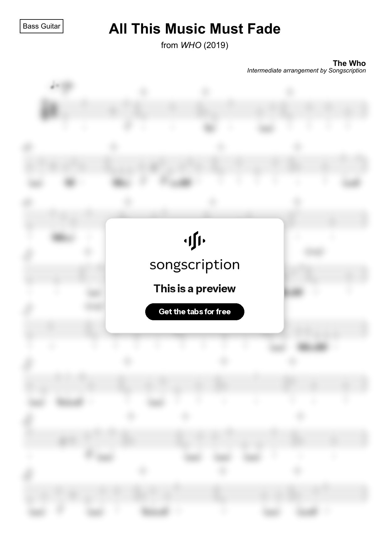 Intermediate Bass Guitar Tabs for "All This Music Must Fade" by The Who
