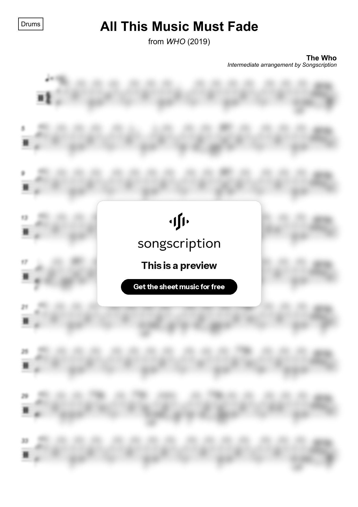 Intermediate Drums Sheet Music for "All This Music Must Fade" by The Who