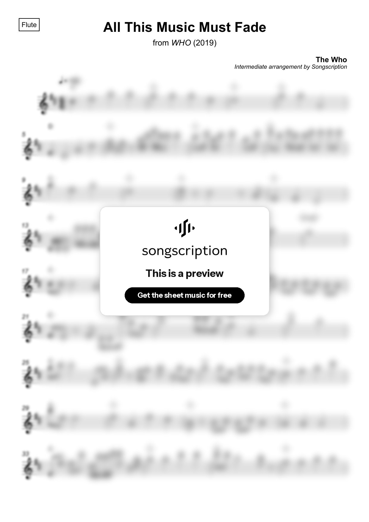 Intermediate Flute Sheet Music for "All This Music Must Fade" by The Who