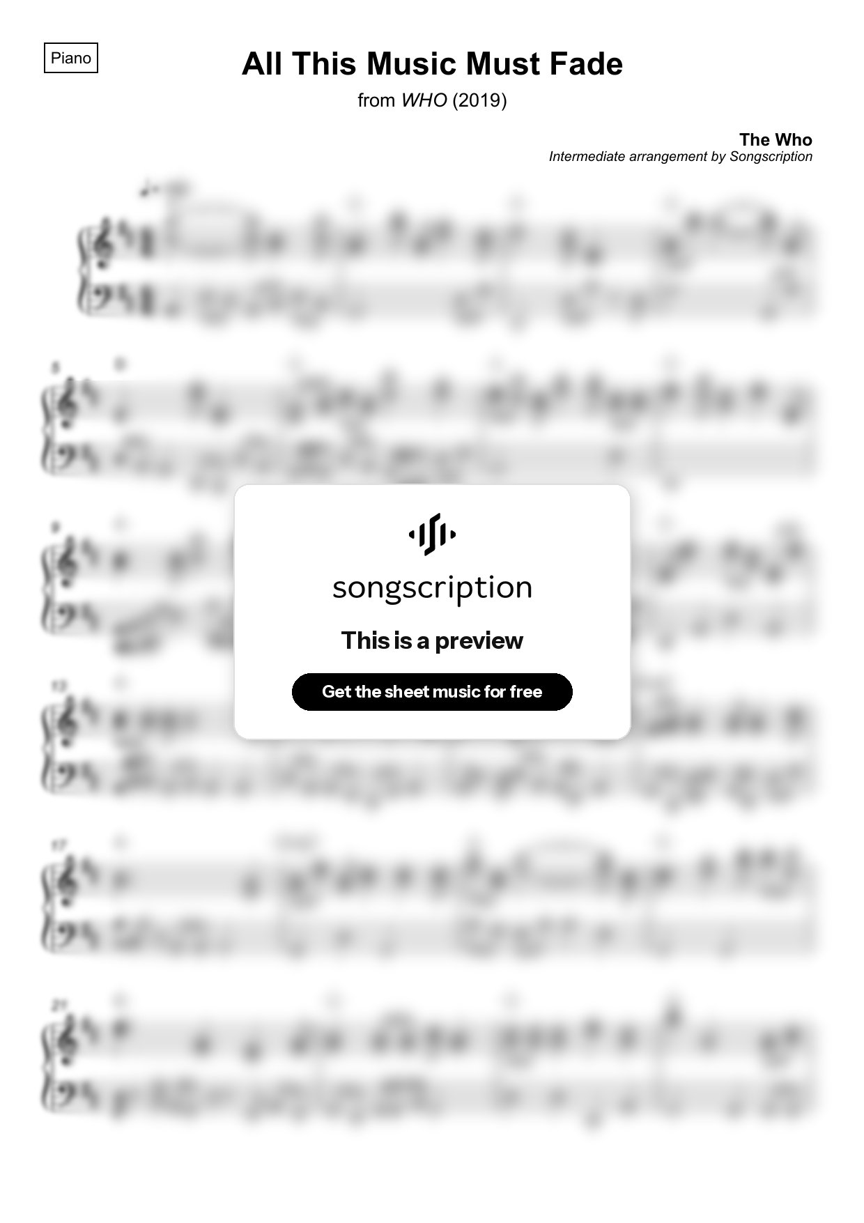 Intermediate Piano Sheet Music for "All This Music Must Fade" by The Who