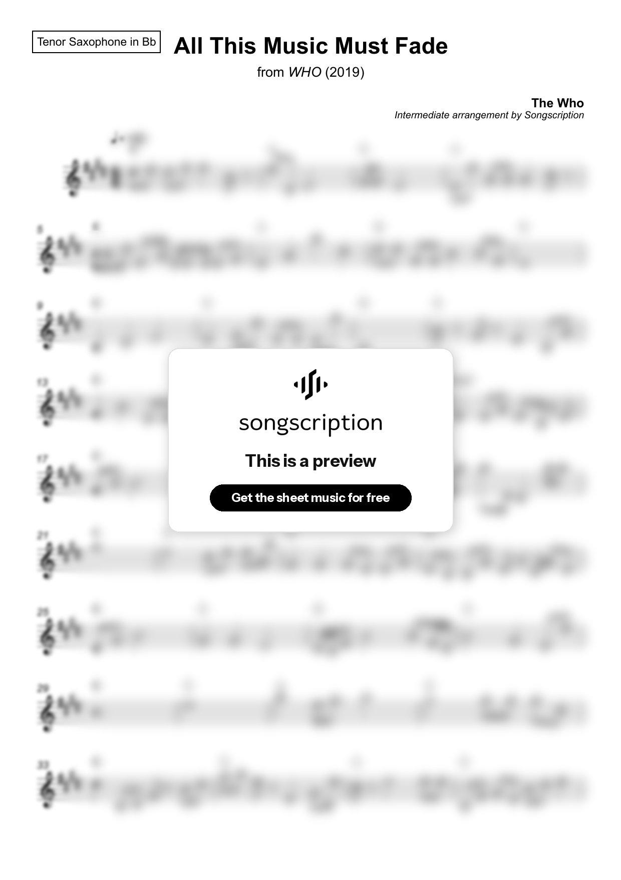 Intermediate Tenor Sax Sheet Music for "All This Music Must Fade" by The Who
