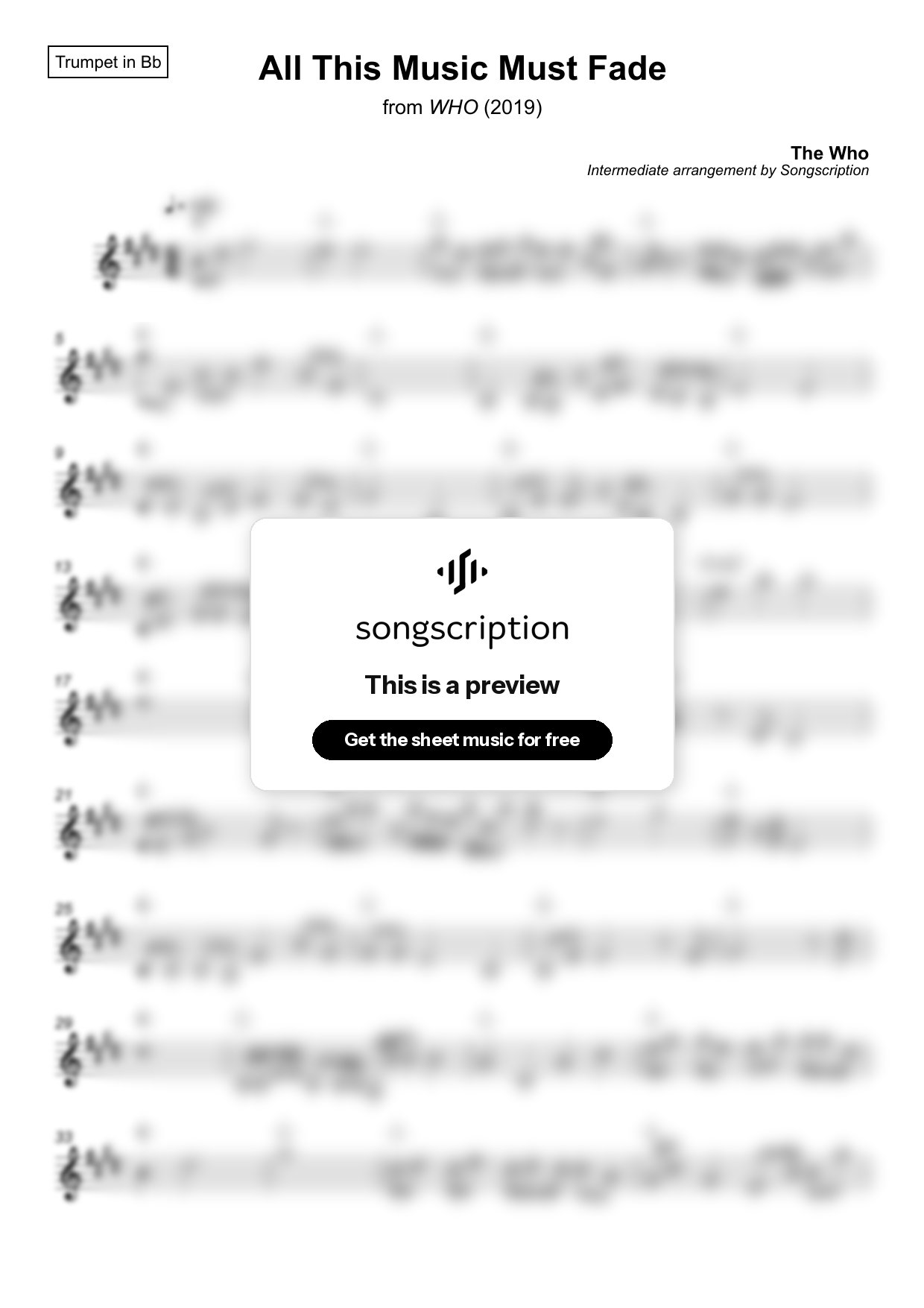 Intermediate Trumpet Sheet Music for "All This Music Must Fade" by The Who