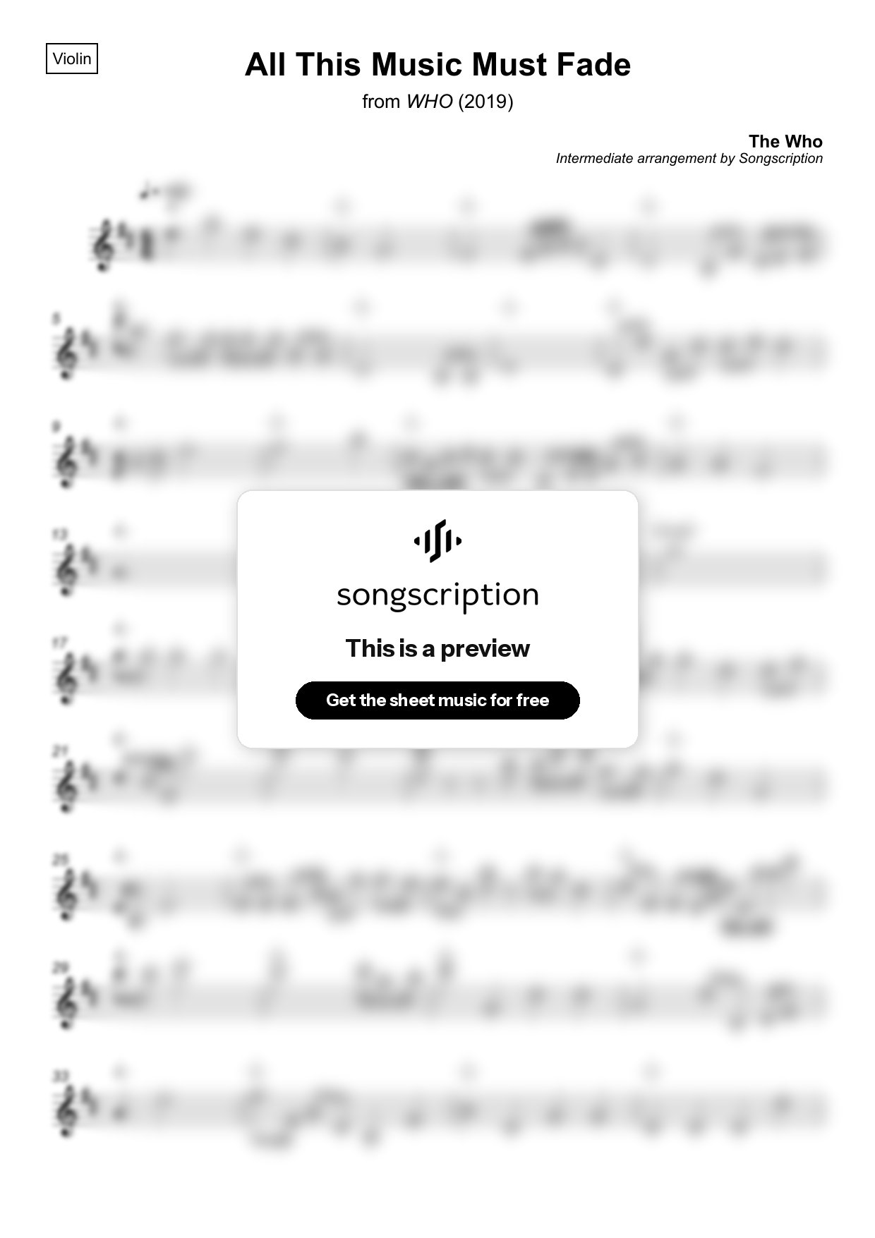 Intermediate Violin Sheet Music for "All This Music Must Fade" by The Who