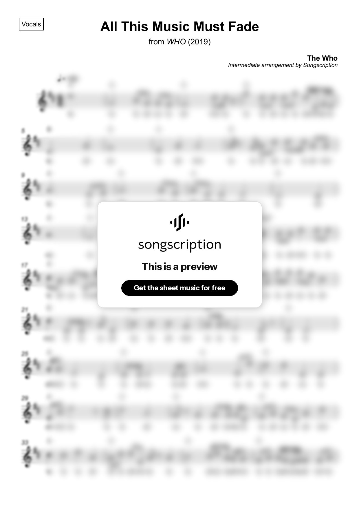 Intermediate Vocals Sheet Music for "All This Music Must Fade" by The Who