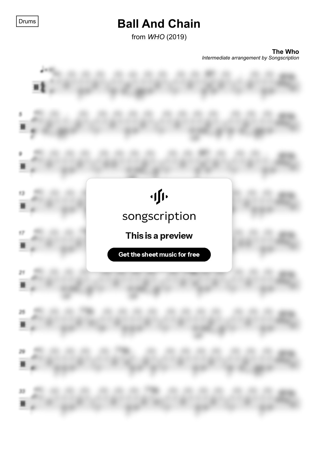 Intermediate Drums Sheet Music for "Ball And Chain" by The Who