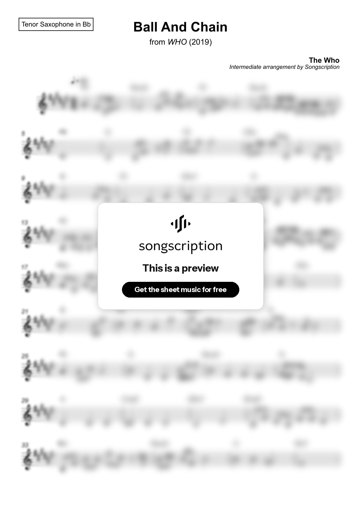 Intermediate Tenor Sax Sheet Music for "Ball And Chain" by The Who