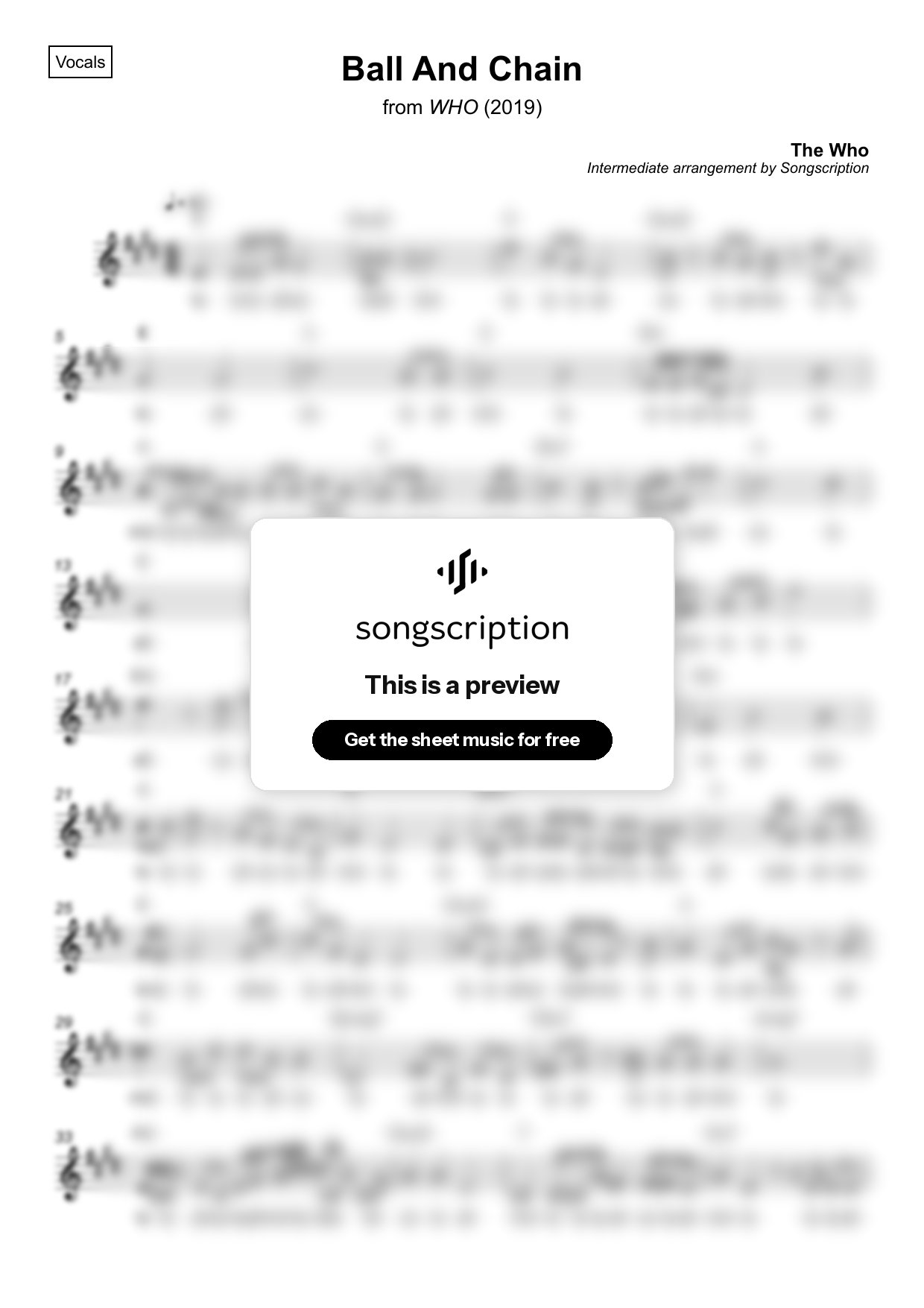 Intermediate Vocals Sheet Music for "Ball And Chain" by The Who