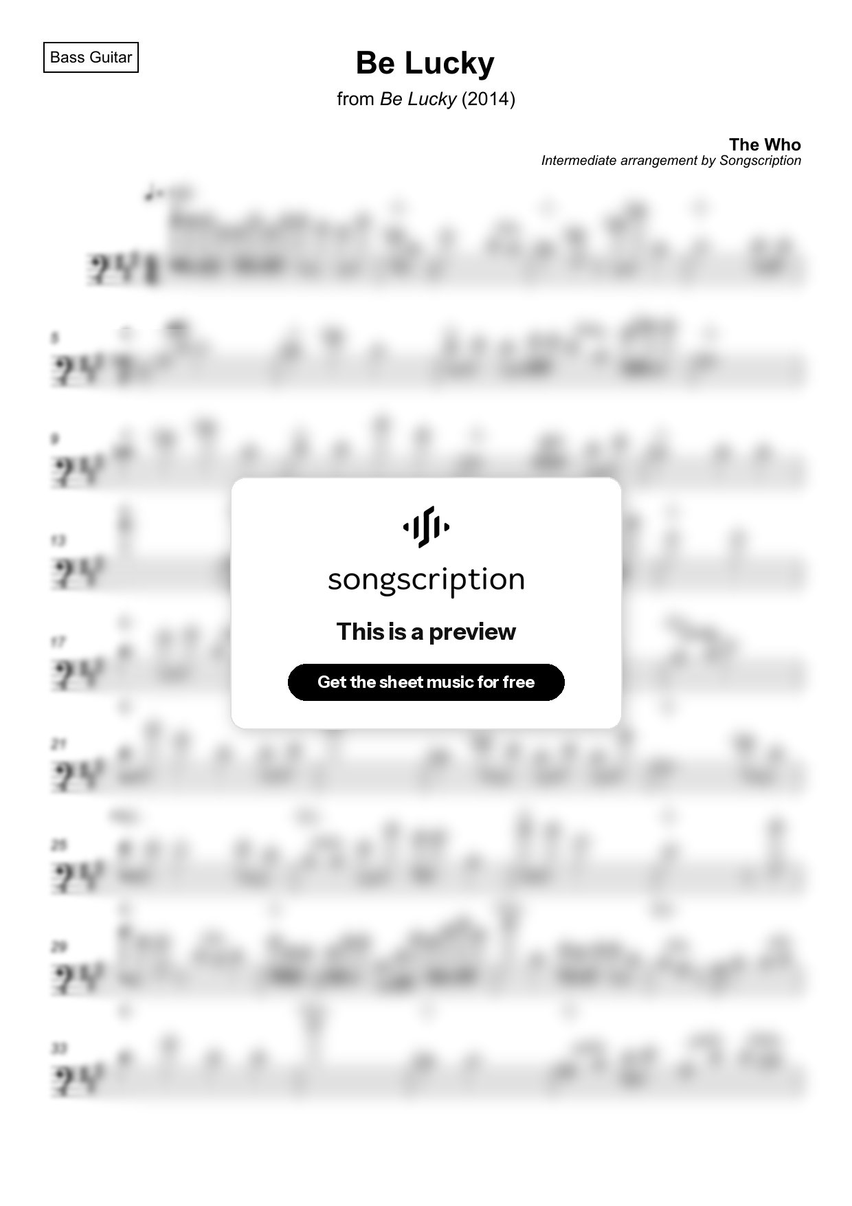 Intermediate Bass Guitar Sheet Music for "Be Lucky" by The Who