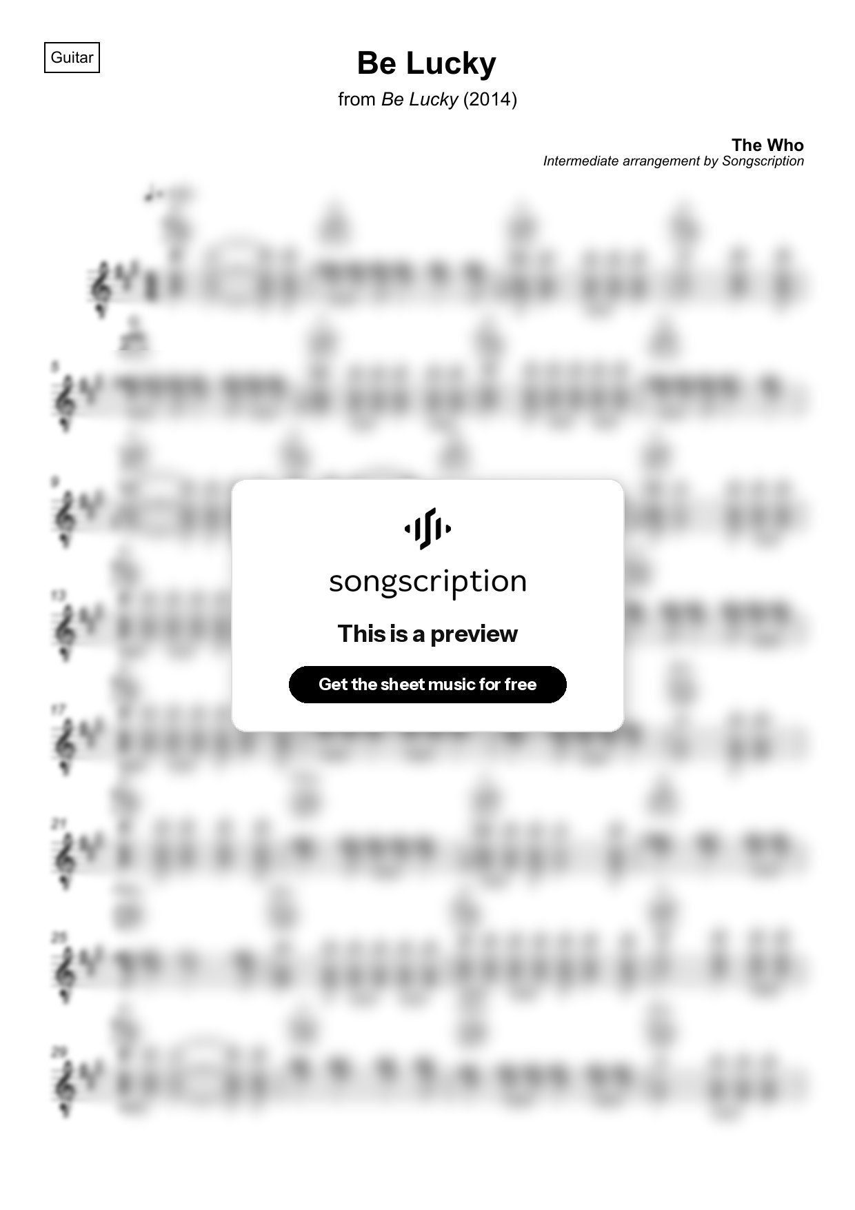 Intermediate Acoustic Guitar Sheet Music for "Be Lucky" by The Who