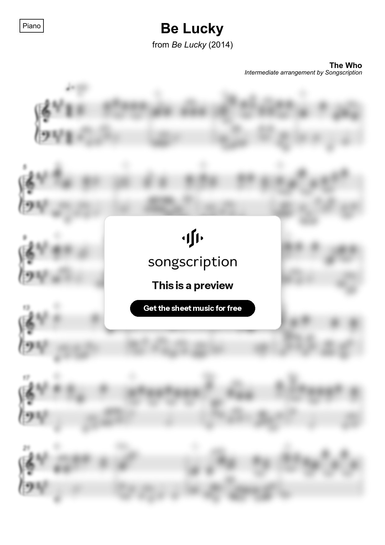 Intermediate Piano Sheet Music for "Be Lucky" by The Who