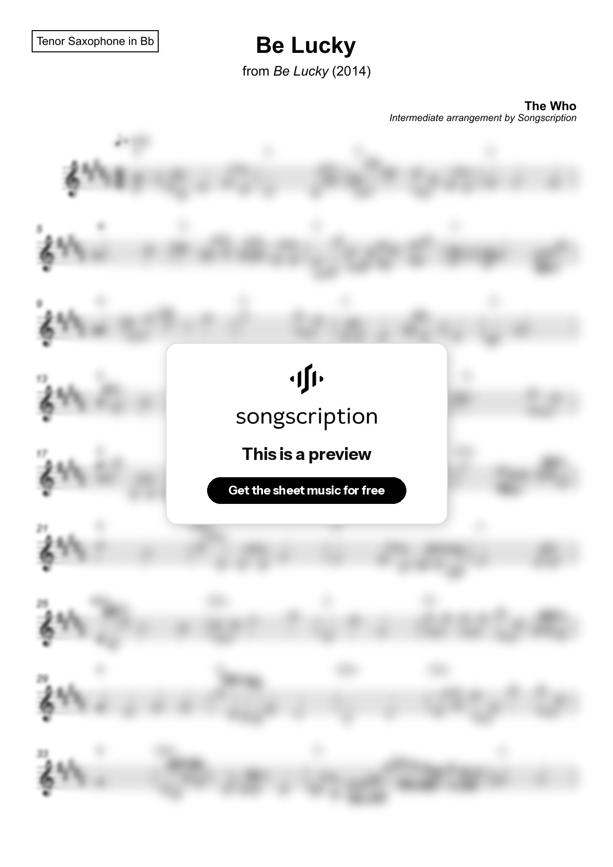Intermediate Tenor Sax Sheet Music for "Be Lucky" by The Who