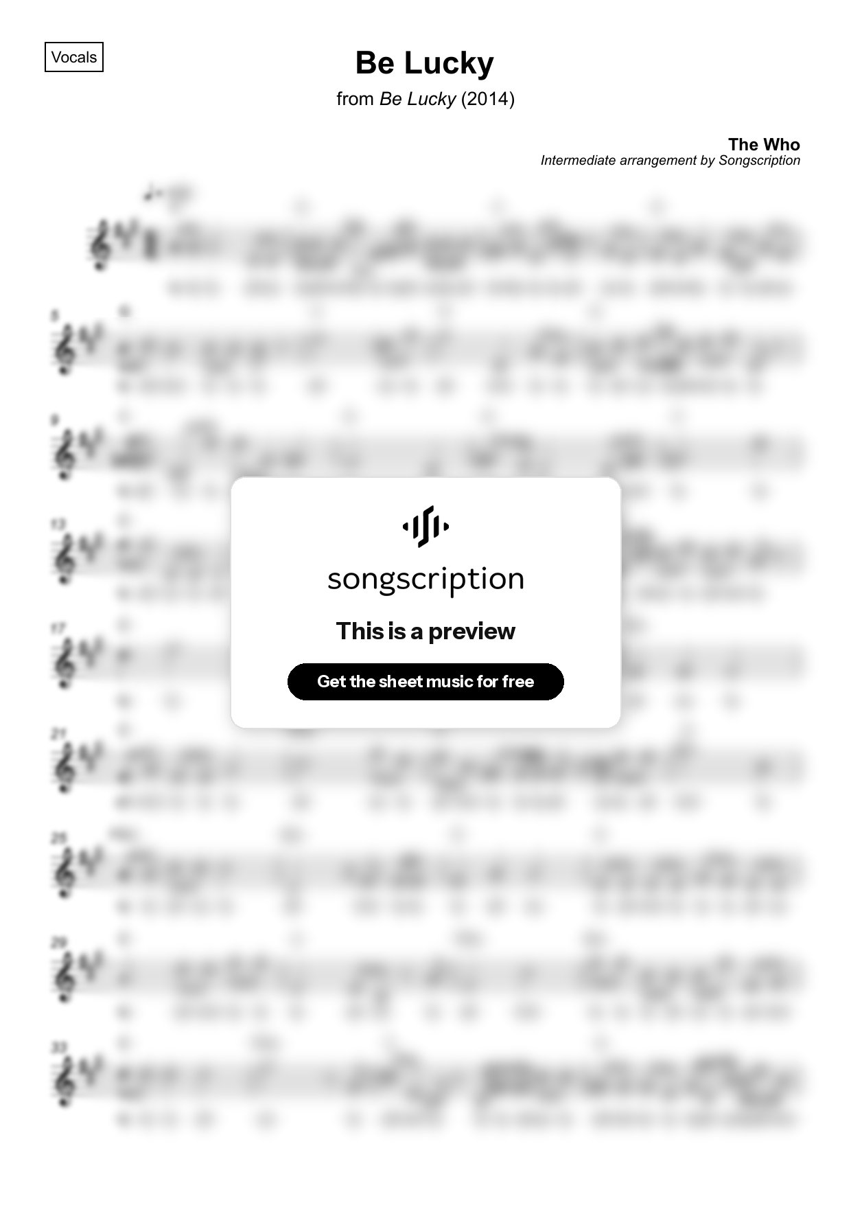 Intermediate Vocals Sheet Music for "Be Lucky" by The Who