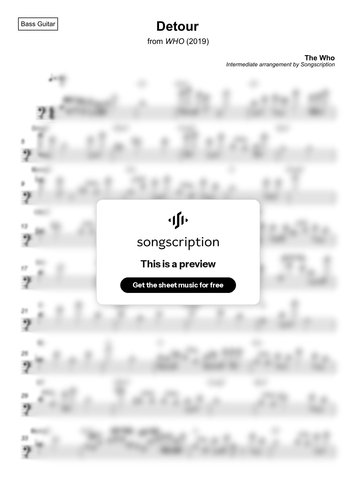 Intermediate Bass Guitar Sheet Music for "Detour" by The Who