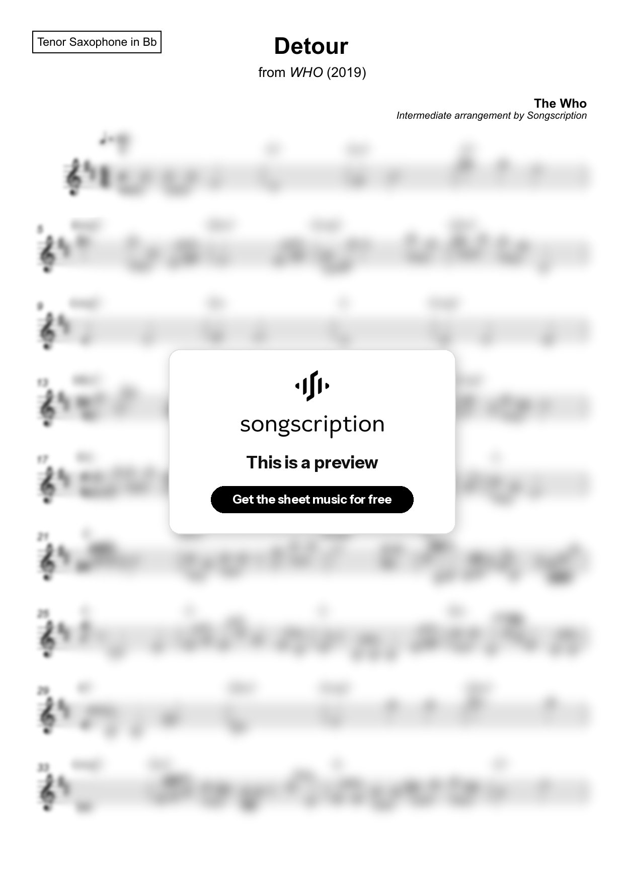 Intermediate Tenor Sax Sheet Music for "Detour" by The Who