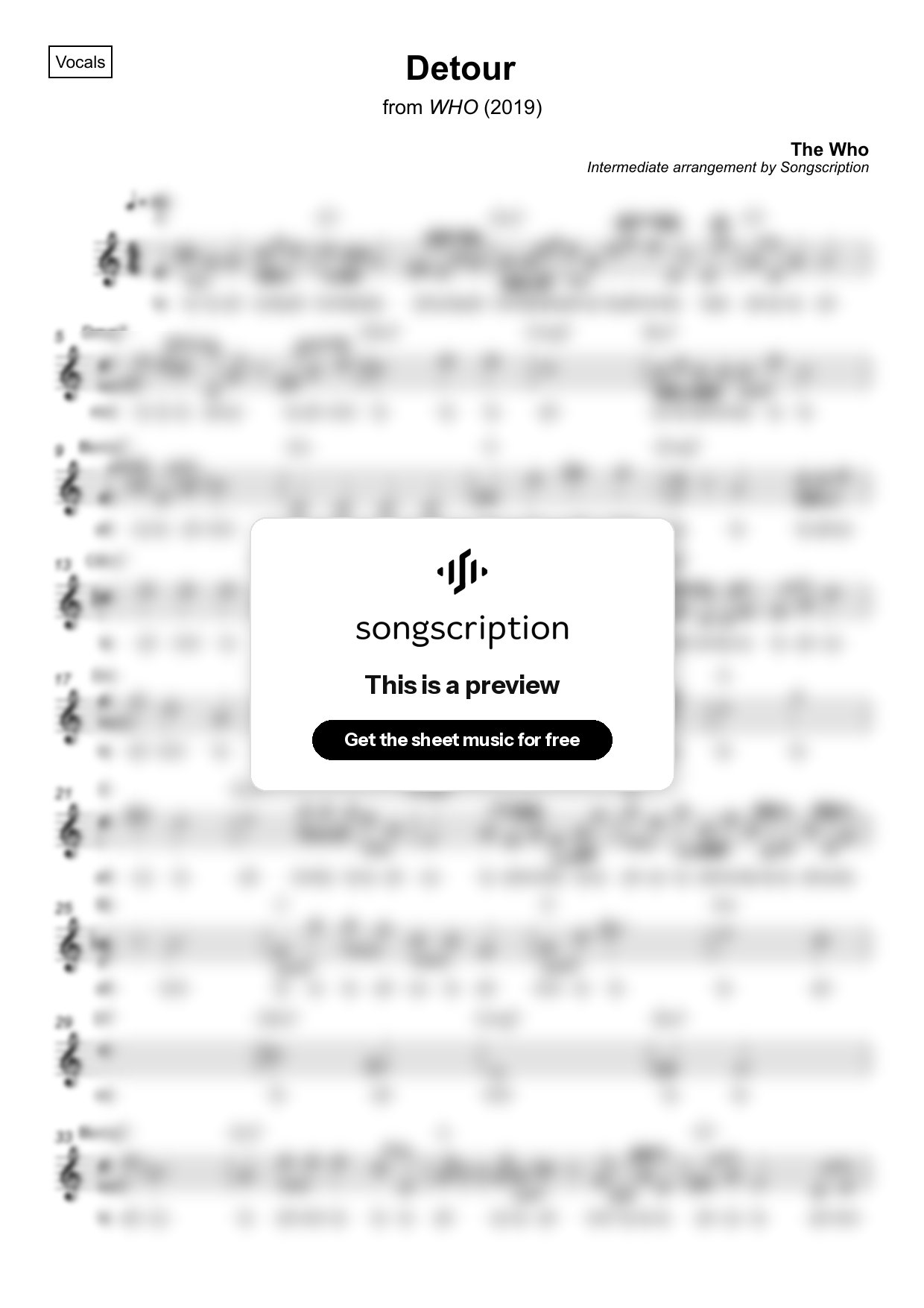 Intermediate Vocals Sheet Music for "Detour" by The Who