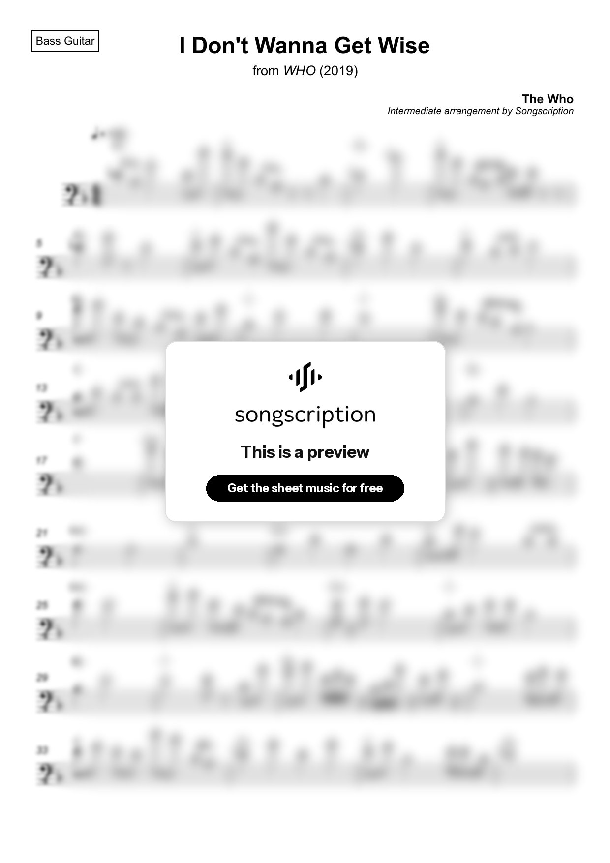 Intermediate Bass Guitar Sheet Music for "I Don't Wanna Get Wise" by The Who