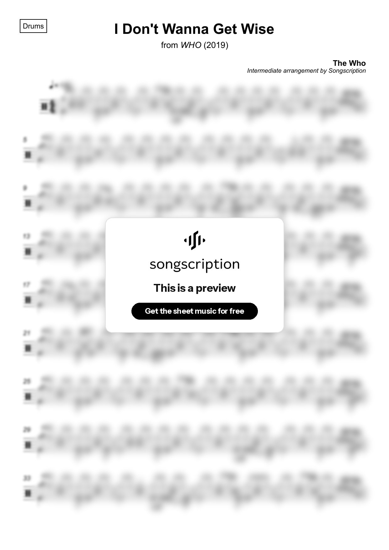 Intermediate Drums Sheet Music for "I Don't Wanna Get Wise" by The Who