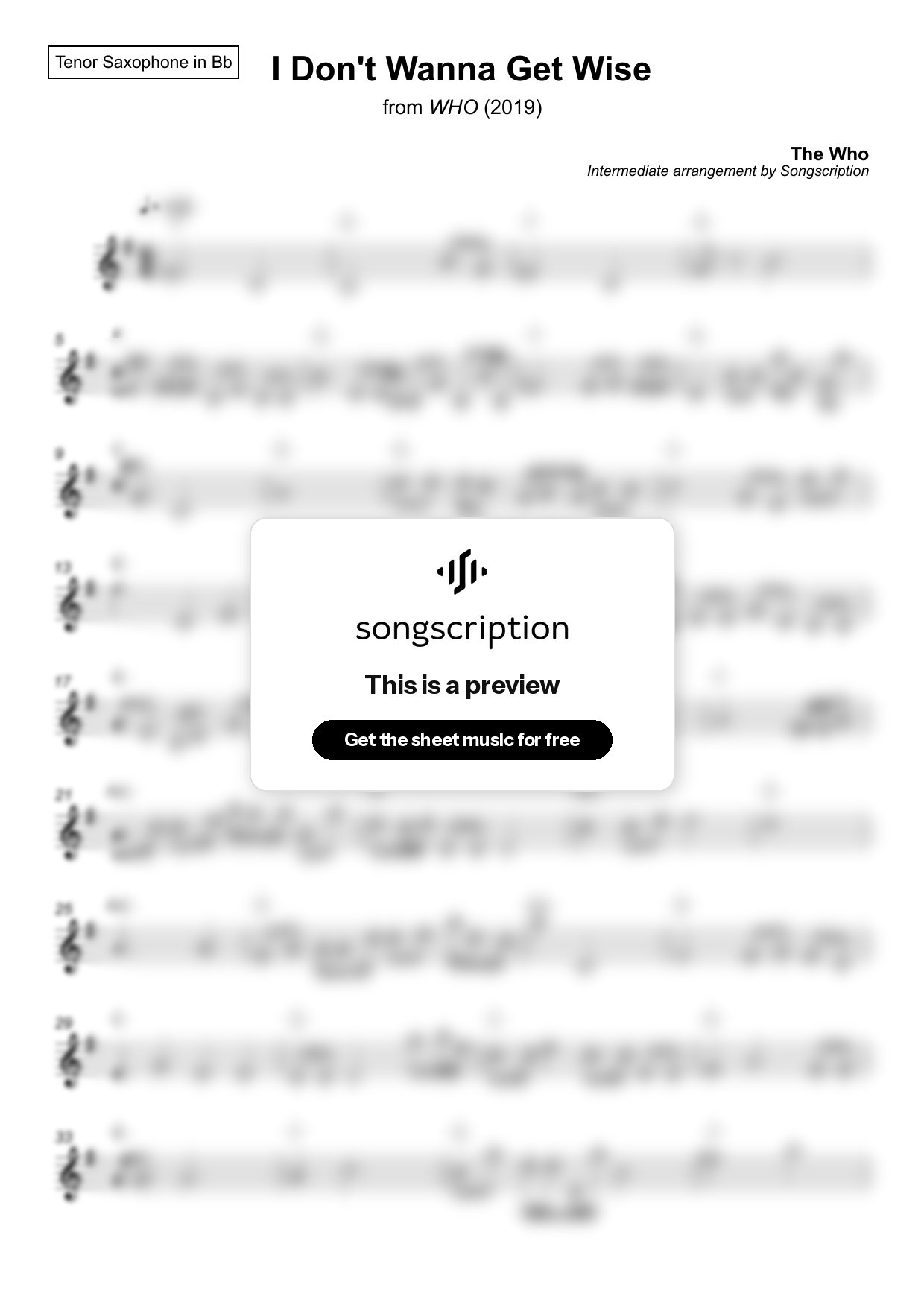 Intermediate Tenor Sax Sheet Music for "I Don't Wanna Get Wise" by The Who