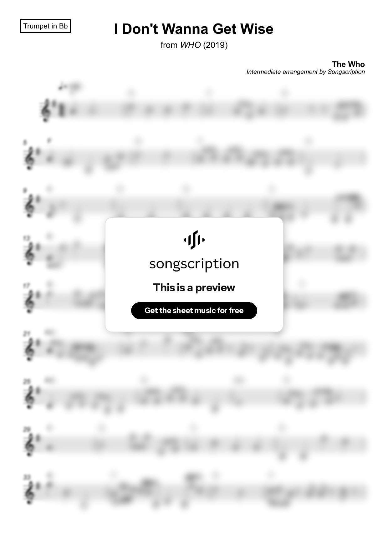 Intermediate Trumpet Sheet Music for "I Don't Wanna Get Wise" by The Who