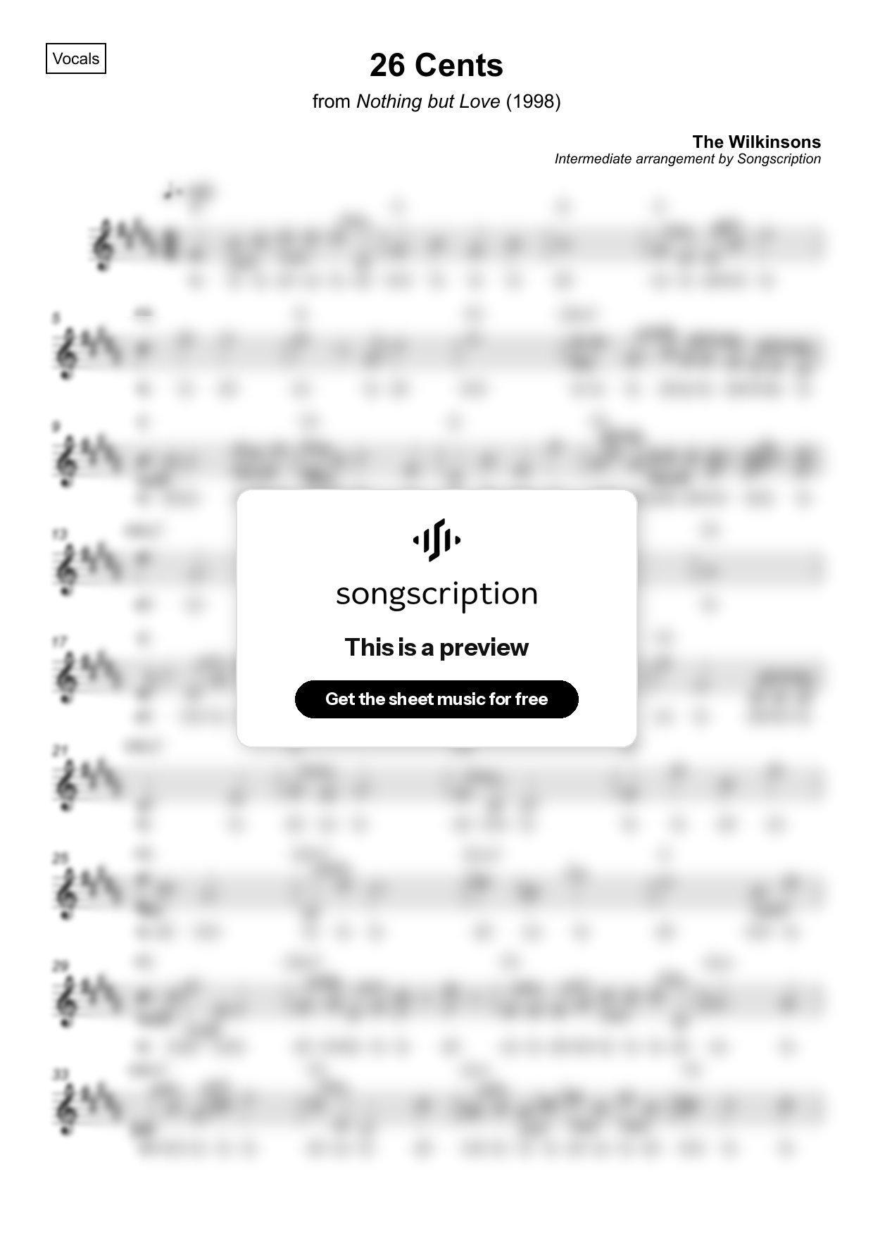 Intermediate Vocals Sheet Music for "26 Cents" by The Wilkinsons