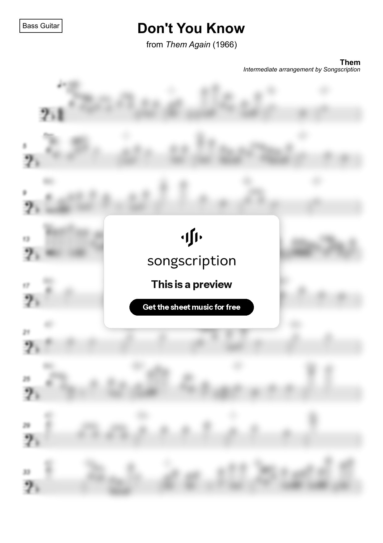 Intermediate Bass Guitar Sheet Music for "Don't You Know" by Them
