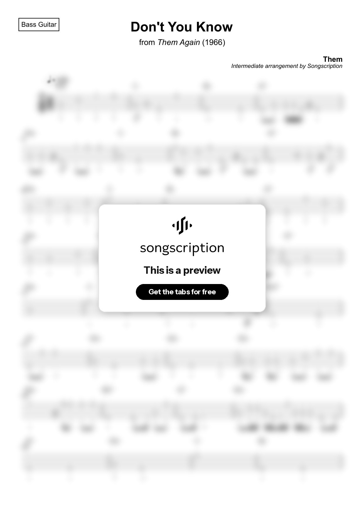 Intermediate Bass Guitar Tabs for "Don't You Know" by Them